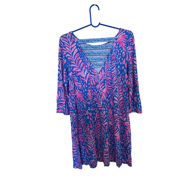 Lilly Pulitzer Blue Pink Leaf Print Tunic Dress Size‎ L - Picture 3 of 3